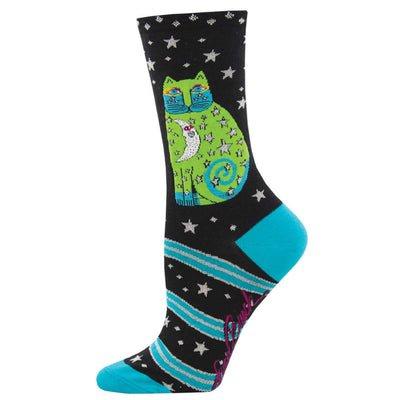 Laurel Burch Celestial Moon Cat Black Socks